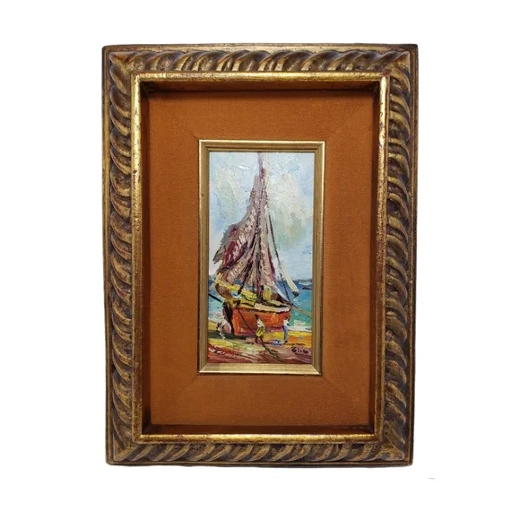 Vintage Oil Painting on Wood Panel Framed Velvet by Elio Small 3" × 6" - Picture 10 of 10